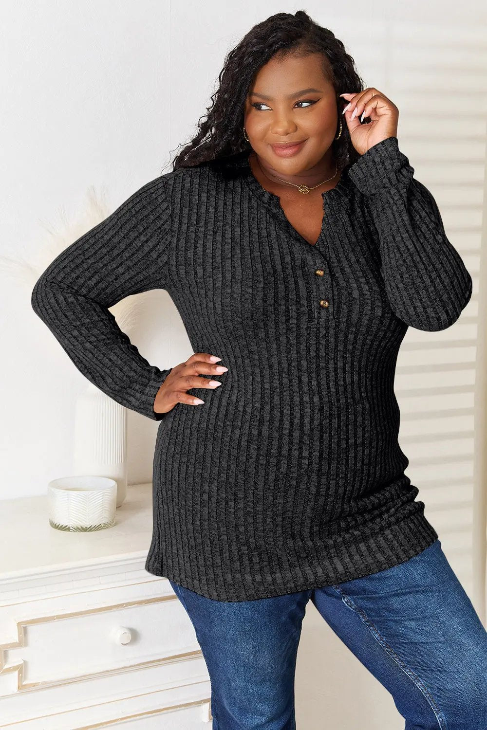 Double Take Notched Neck Ribbed Long Sleeve T-Shirt - Love Salve